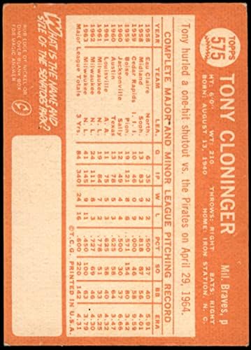 1964 Topps 575 Tony Cloninger Milwaukee Bátrabbak (Baseball Kártya) VG/EX+ Bátrabbak