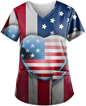 Július 4-én Tshirt a Nők Amerikai Zászló Nyári Rövid Ujjú, V Nyakú Pólót, 2 Zsebbel Vicces Ünnepi Alkalmi Munkaruházat
