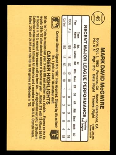 1987 Donruss 46 Mark McGwire Oakland Athletics (Baseball Kártya) NM/MT Atlétika