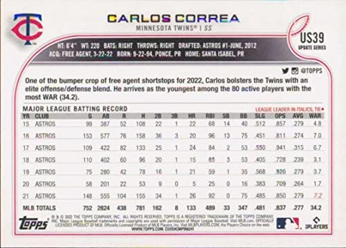 2022 TOPPS FRISSÍTÉS US39 CARLOS CORREA IKREK BASEBALL, MLB