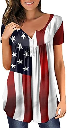 Július 4-én Tunika Maximum a Nők Amerikai Zászló Elrejteni Has Póló Nyári Alkalmi, Rövid Ujjú Gomb V-Nyakú Blúz