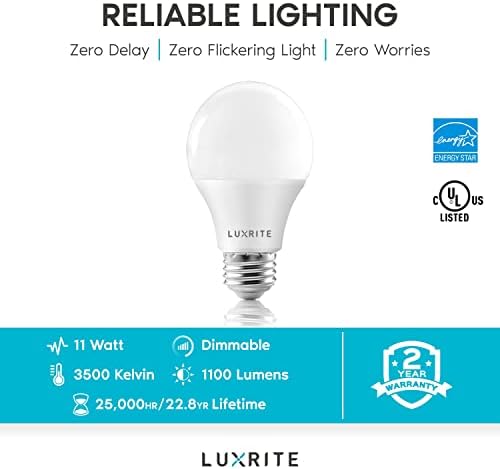 LUXRITE 19 LED Izzó 75W Egyenértékű, 1100 Lumen, 3500K, Természetes Fehér, Szabályozható Normál LED Izzó 11W, Zárt Lámpatest