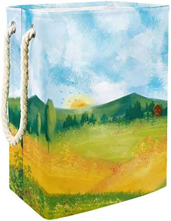 MAPOLO Szennyesben Akvarell Mezőgazdasági Táj Összecsukható Vászon Szennyes Tároló Kosár fogantyúval, Levehető Zárójelben
