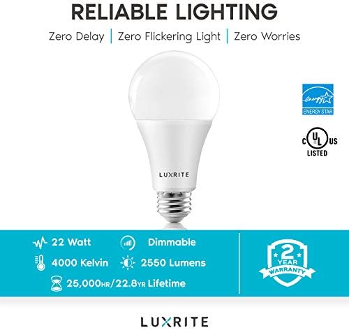 LUXRITE A21 LED Izzók 150 Watt Egyenértékű, 2550 Lumen, 4000K hideg Fehér, Szabályozható Normál LED Izzó 22W, Energy Star,