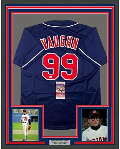 Keretes Dedikált/Aláírt Charlie Sheen 33x42 Vad Dolog Ricky Vaughn Major League Film Kék Baseball Jersey SZÖVETSÉG COA