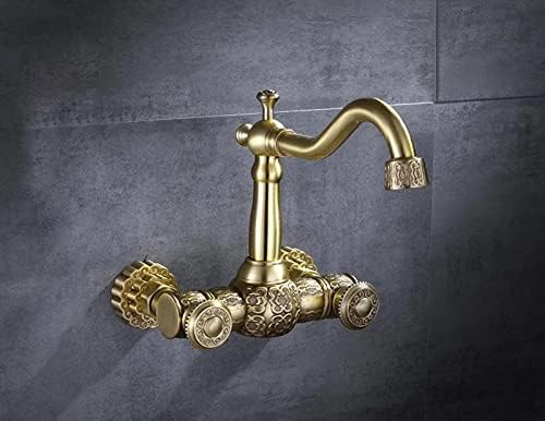 Fürdőszoba medence csaptelep Antik faragott réz fali mosogató csaptelep csiszolt arany falra szerelhető forgó kettős kezelni