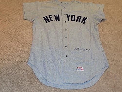 Bobby Cox Játék Kopott Aláírt Flanel Jersey 1970-Es New York Yankees HOF Steiner - MLB Meccset Használt Mezek