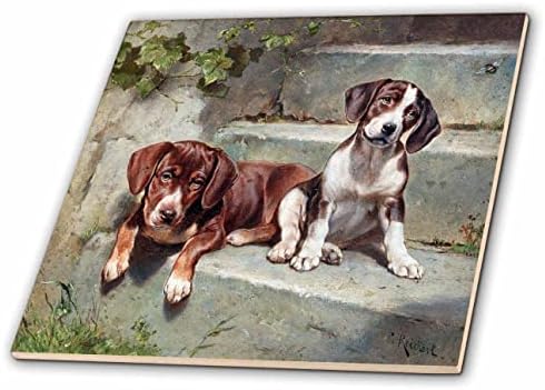 3dRose Kép Színes Régi Festmény Két Beagle A Lépéseket - Csempe (ct-372046-3)