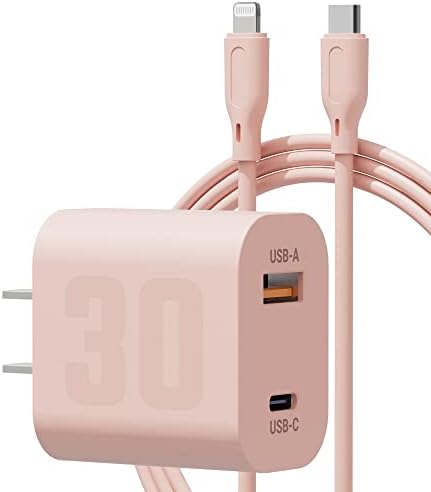 30W USB-C, Gyors Töltő iPhone Töltés Blokk Dual Port Fali Töltő Csatlakozó Adapter a 5ft USB-C-Lightning kábel Kábel [Apple