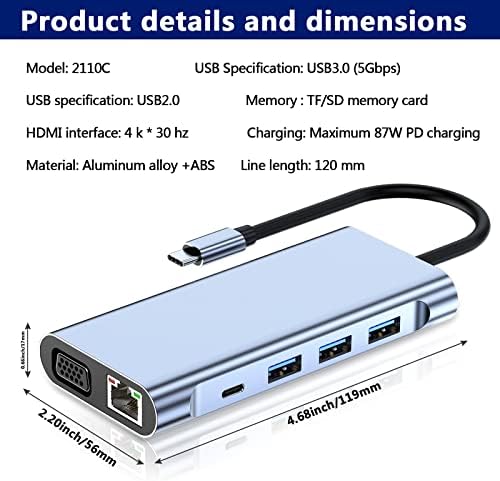 USB-C Hub Micro 10 az 1-ben USB Hub C HDMI, Többportos Adapter 4K-s,VGA,Ethernet, SD/TF Kártya Olvasó,PD Töltő,1 USB 3.0,